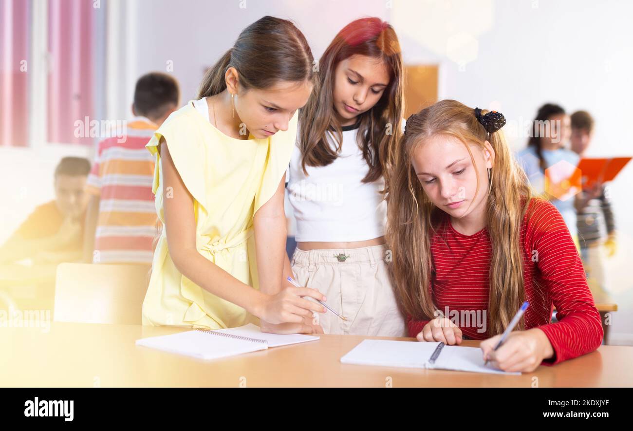 Schoolchildren help each other solve the task in classroom Stock Photo
