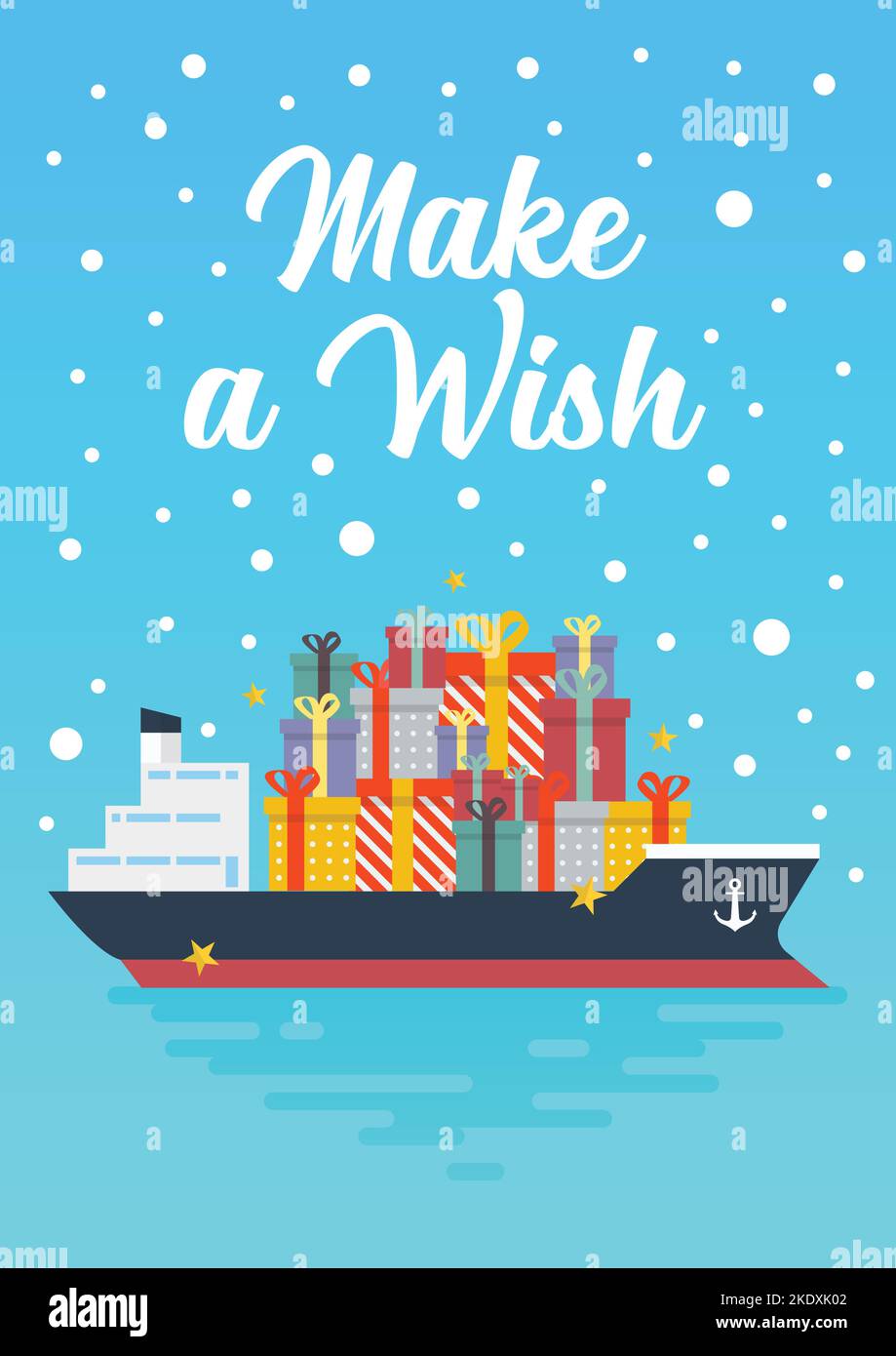 Container cargo ship with gift present boxes. Christmas new year winter