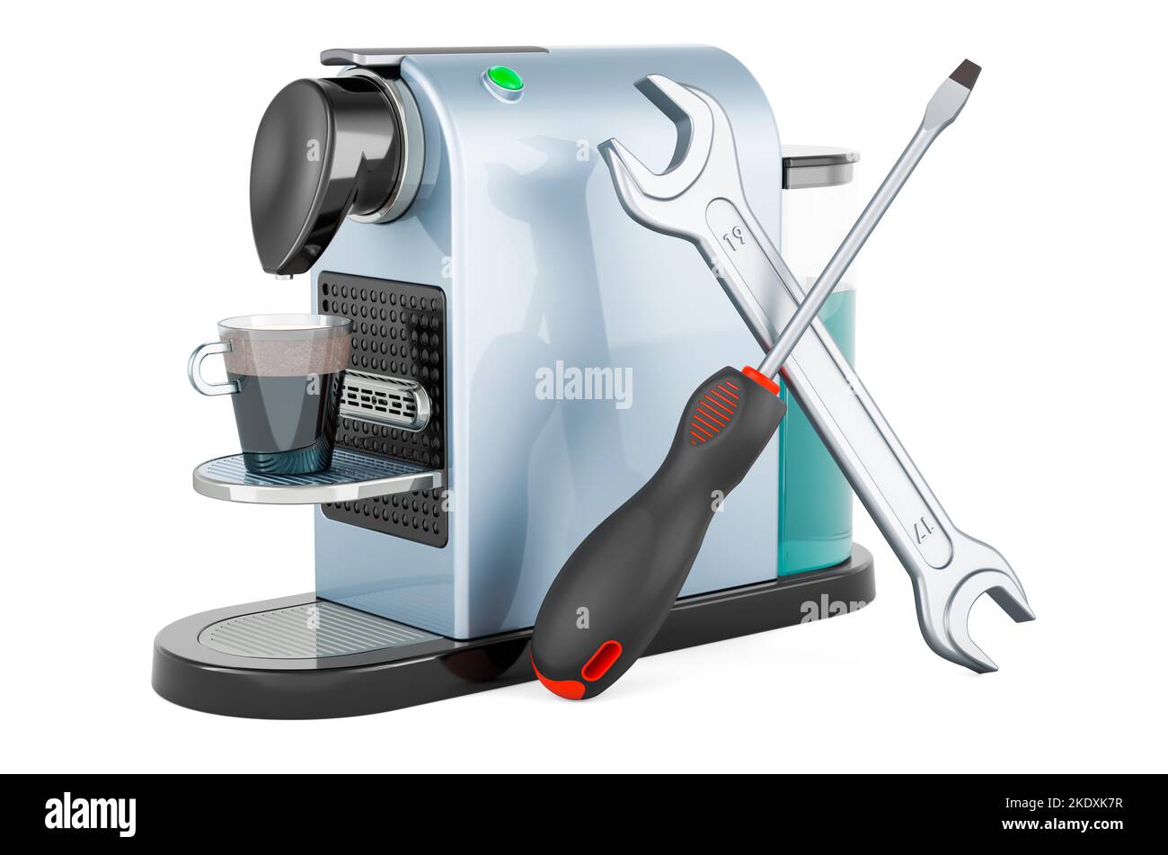 Coffee pod machine with screwdriver and wrench, 3D rendering isolated