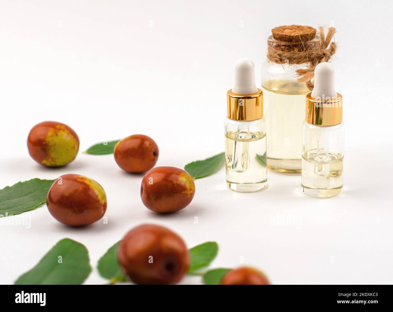 Jojoba oil and fresh jojoba fruit on white background Stock Photo