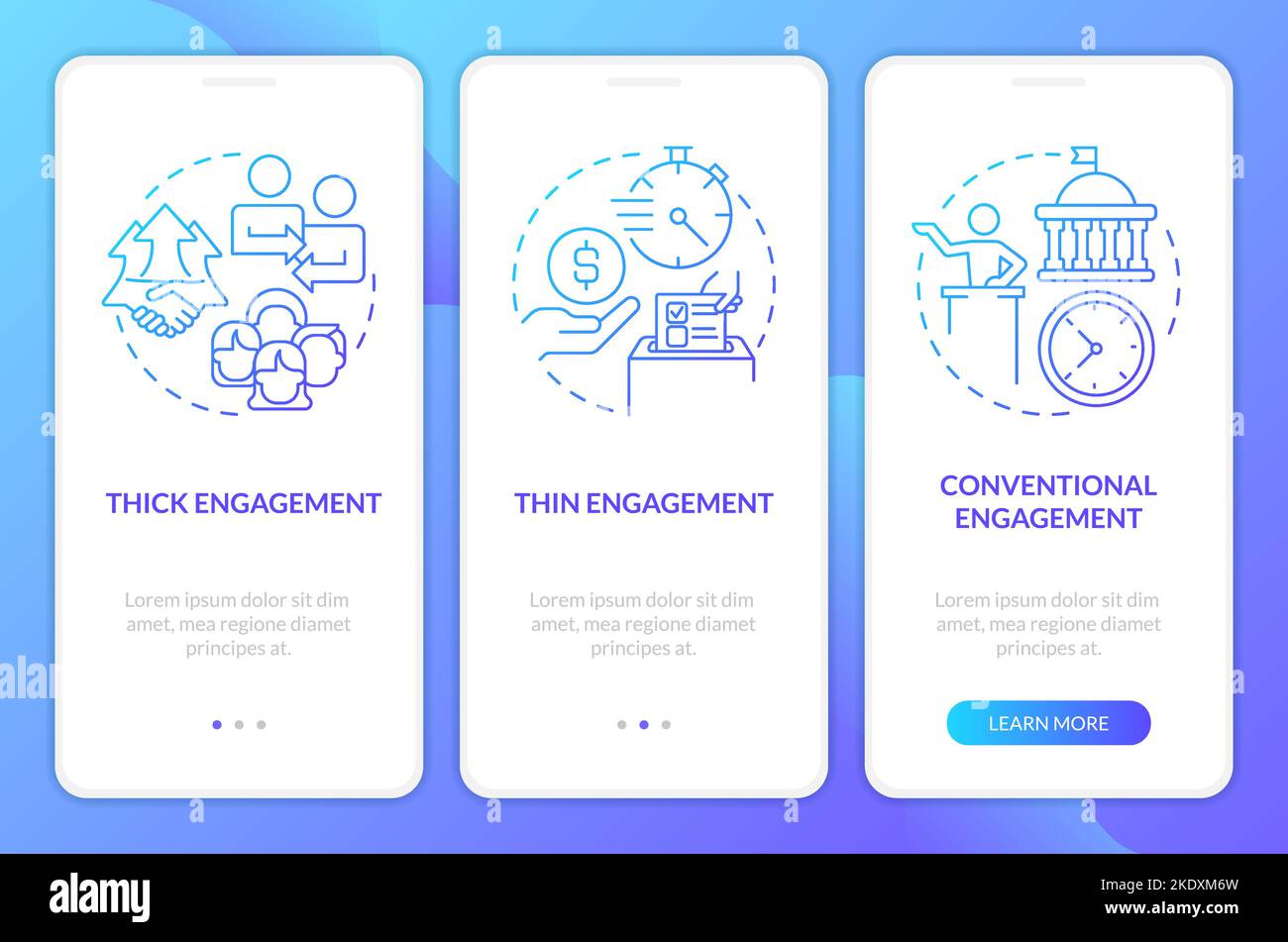 Types of social involvement blue gradient onboarding mobile app screen Stock Vector