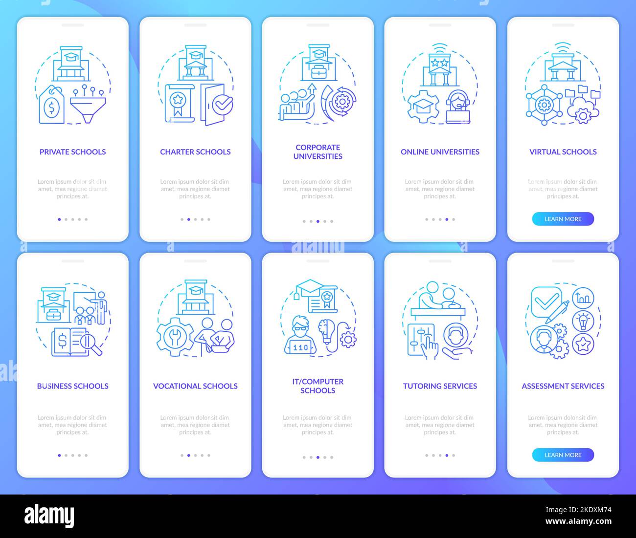 Education service providers blue gradient onboarding mobile app screen set Stock Vector