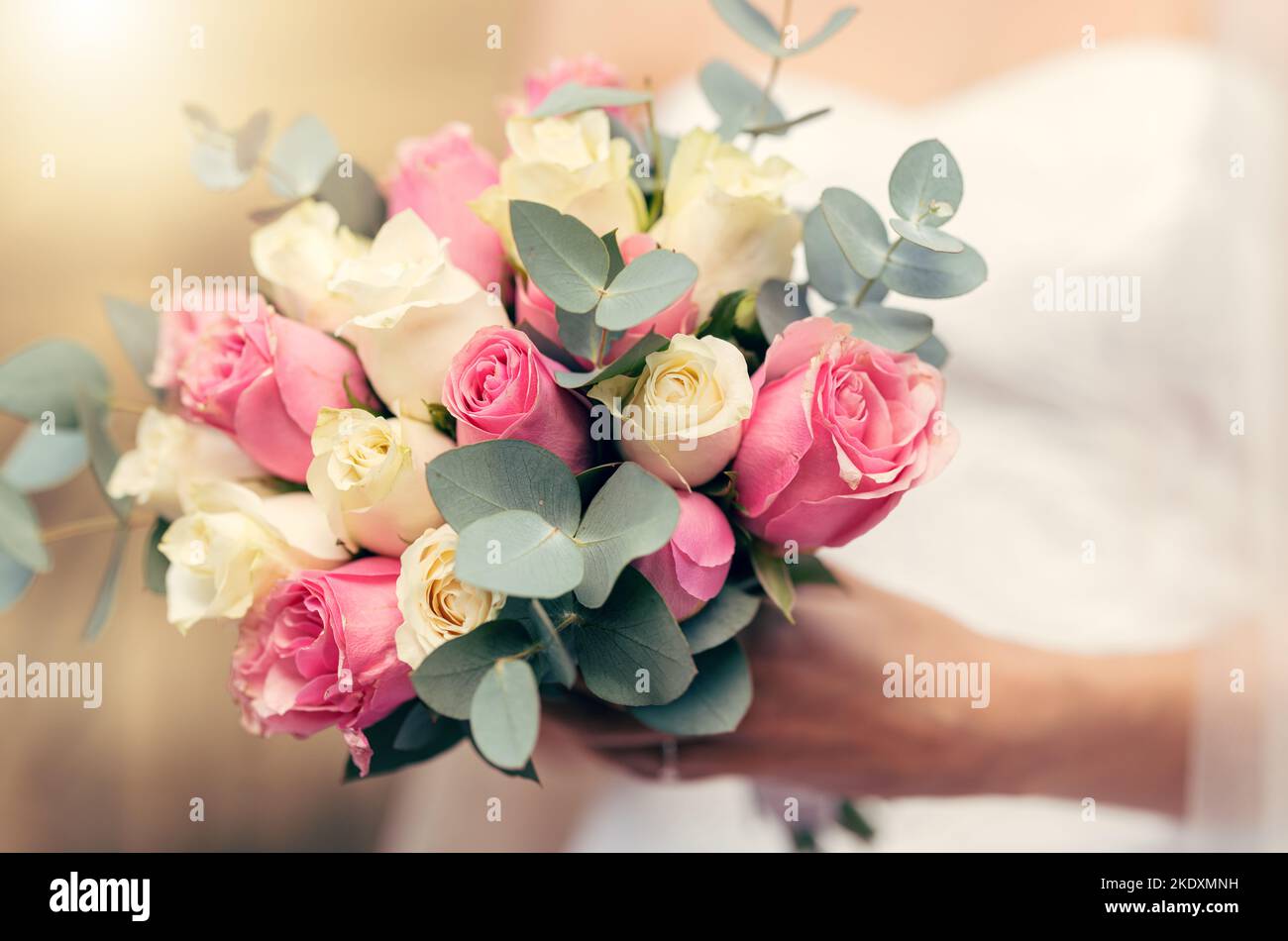 Wedding, flowers and rose bouquet of bride ready to walk isle for marriage, catholic religion ceremony and life commitment. Boutique floral Stock Photo