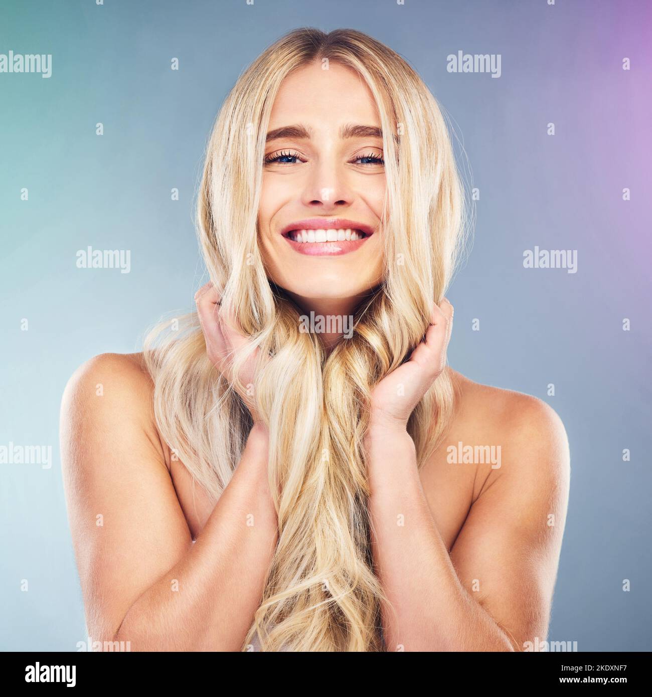 Hair care, beauty and wellness of woman with cosmetics, makeup and shampoo for hair growth, shine and health. Portrait, face and smile of model Stock Photo
