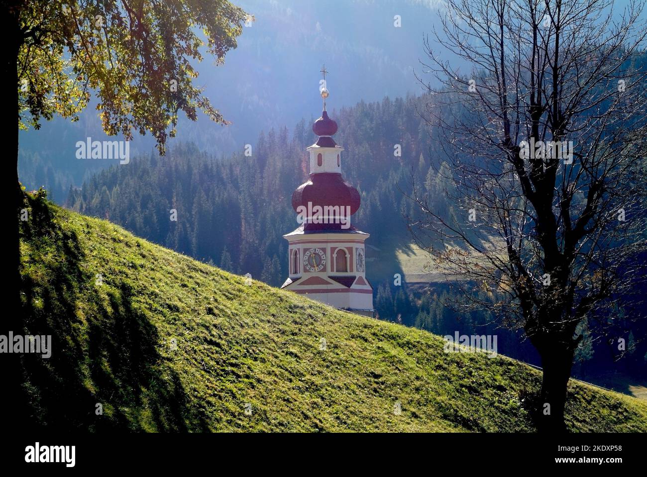 Austria, church spire of pilgrimage church of Maria Luggau in Gailtal Valley Stock Photo