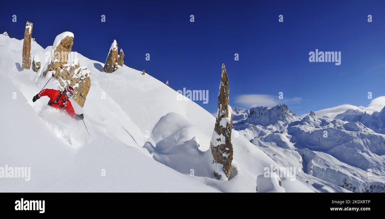 OFF-PISTE SKIING OR FREERIDE IN THE TARENTAISE, LA PLAGNE, ALPS, SAVOY (73), RHONE-ALPES, FRANCE Stock Photo