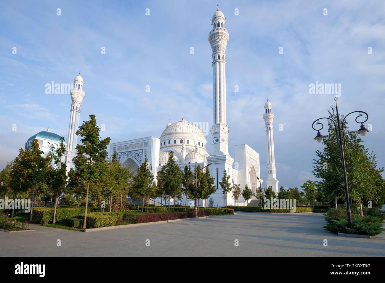 View of the 'Pride of Muslims' (Prophet Muhammad) mosque on a September morning. Shali, Chechen Republic. Russian Federation Stock Photo