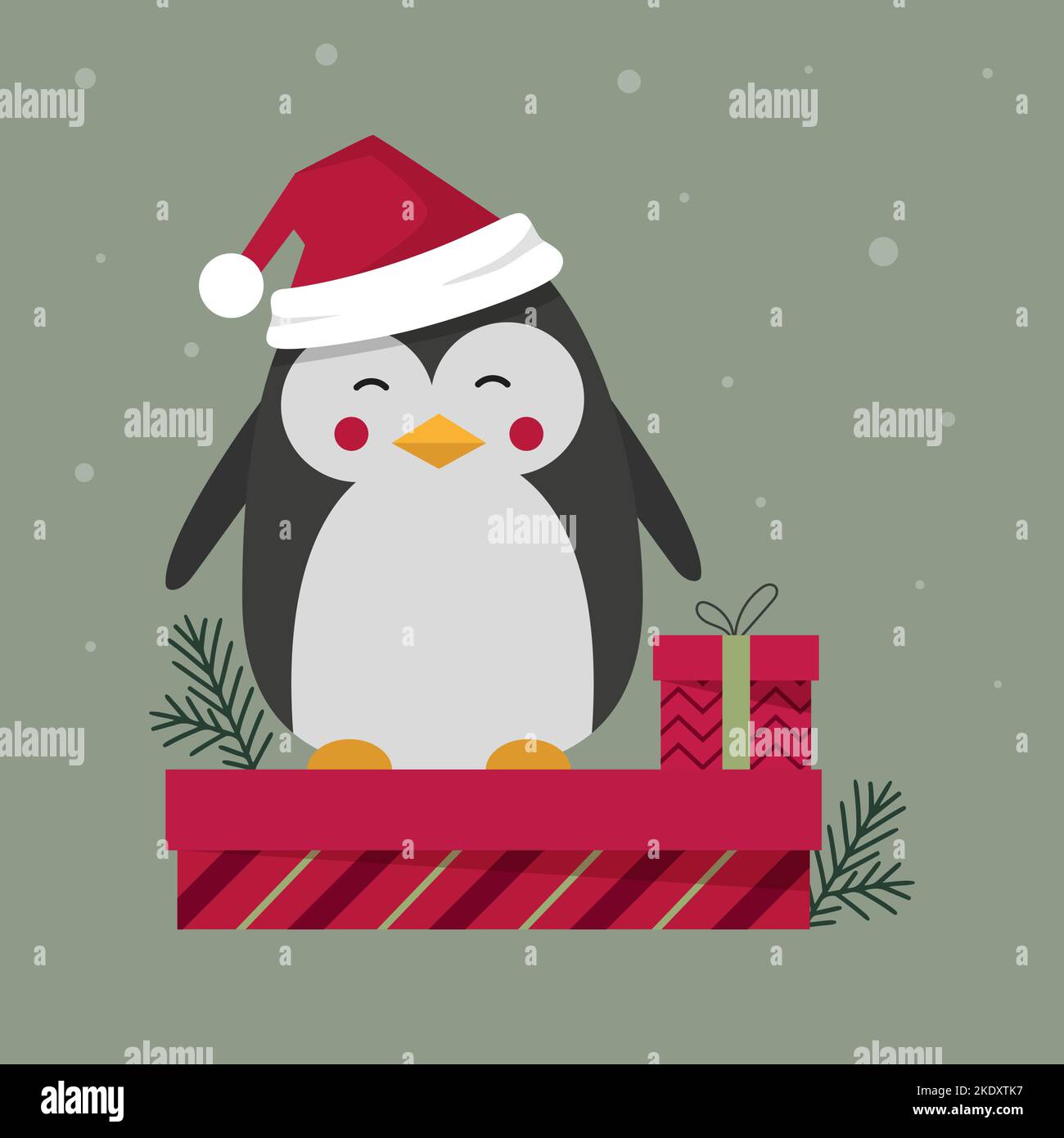 cartoon winter christmas character penguin wearing hat on standing on gift box Stock Vector