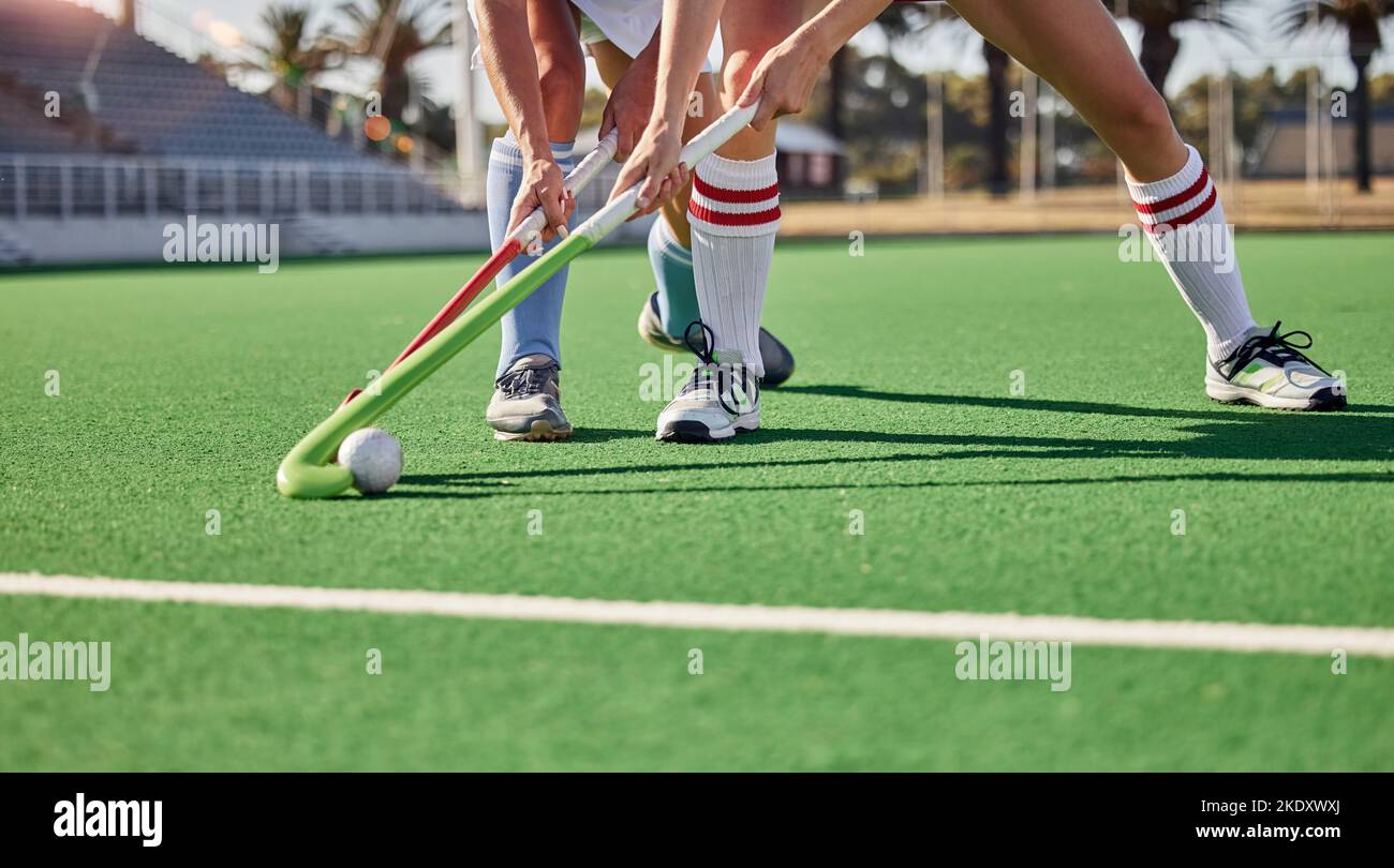 Hockey, field and athletes playing a game at a championship or sports