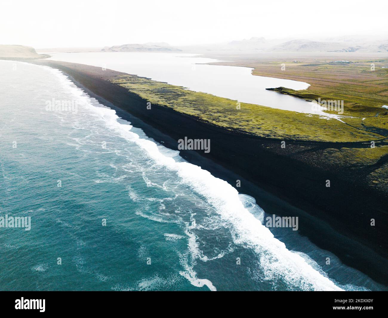 Aerial drone view of Volcanic black sand beach of Reynisfjara Stock ...