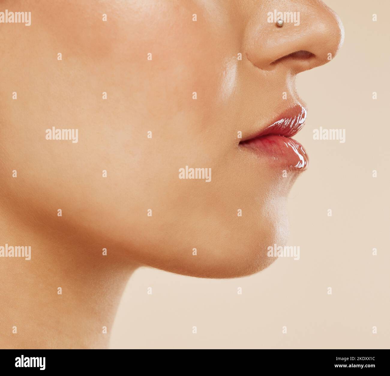 Mouth, lipstick and woman in studio for beauty, skincare and dermatology wellness. Zoom face of