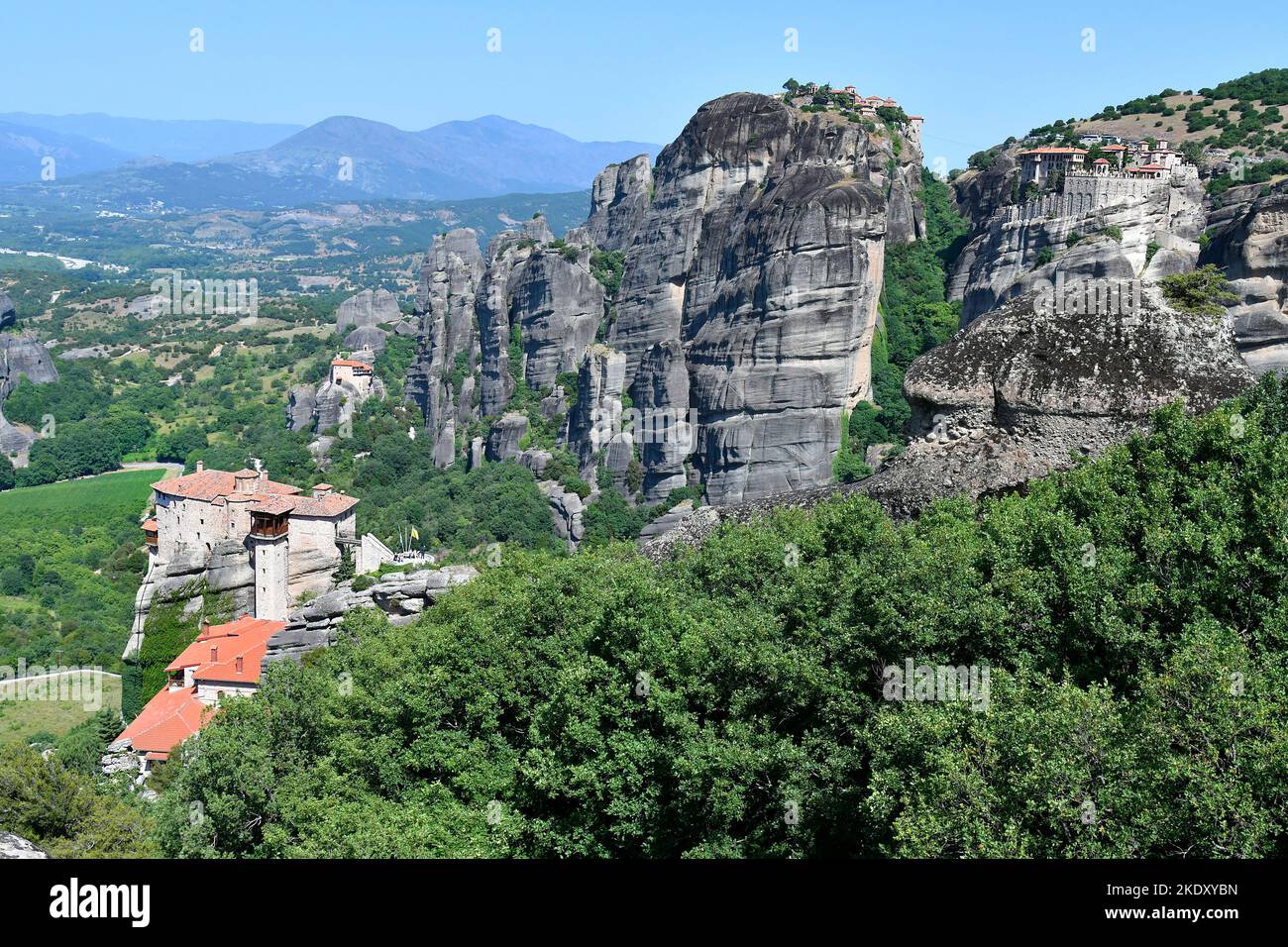 Greece, monasteries Roussanou, Anapafsas, Great Meteoron and Varlaam, a Unesco World Heritage site in Thessaly Stock Photo
