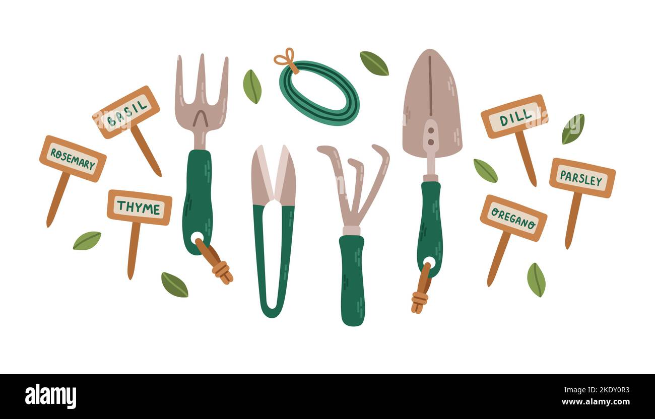 Set of gardening tools isolated on white. Bundle of equipment for home