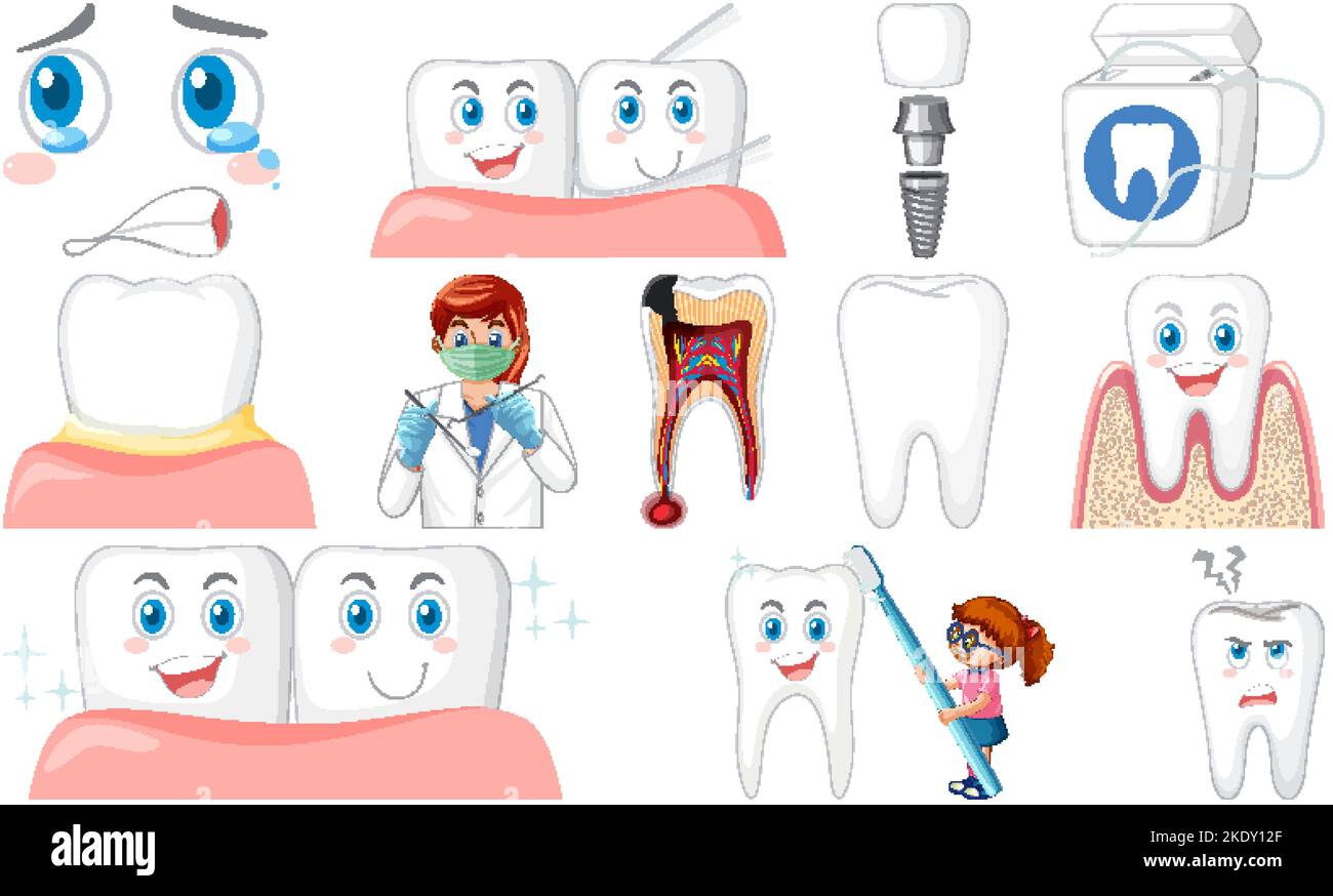 Set of dental equipments and cartoon characters illustration Stock ...
