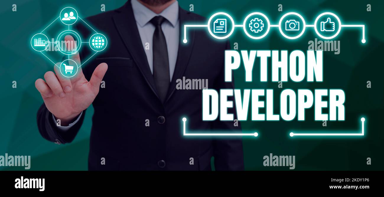 Hand writing sign Python Developer, Business overview responsible for ...