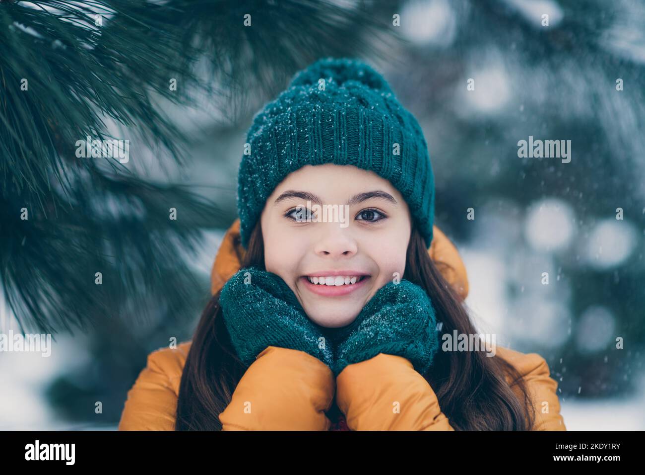 Portrait of attractive cheerful pre-teen girl wearing warm outfit visiting wood fluffy tree on fresh air December outdoors Stock Photo