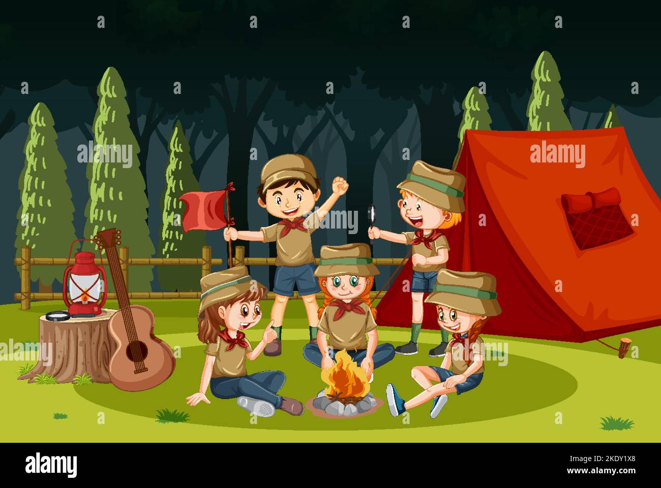 Outdoor camping with scout kids illustration Stock Vector Image & Art ...