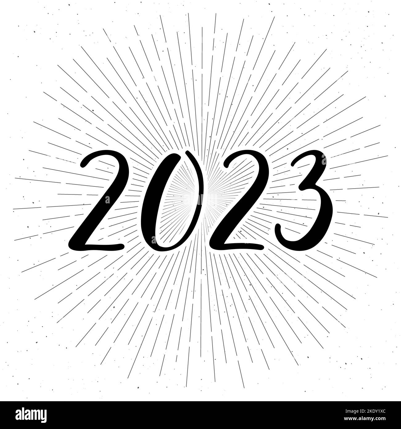 2023 handwritten calligraphic vector numbers. Black and white. Rays and