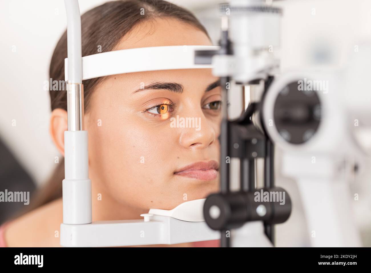 Healthcare, eyes and woman eye test at a clinic for vision, health and
