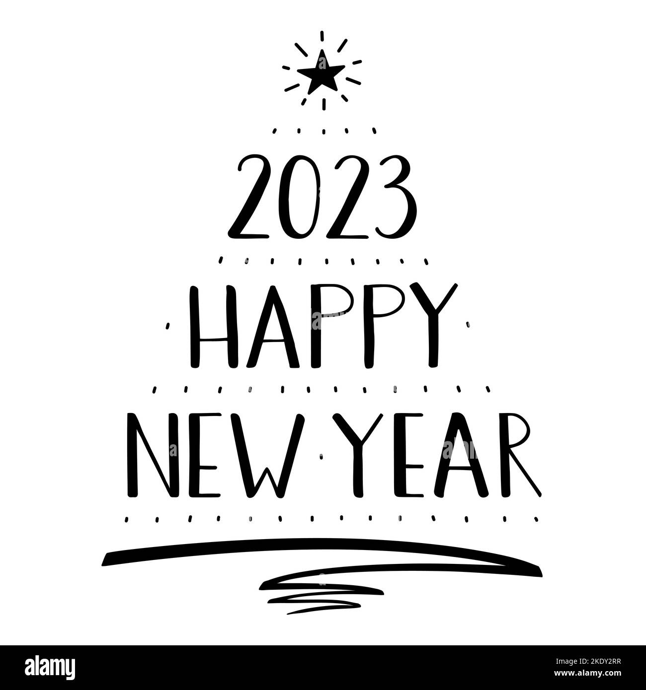 2023 Happy New Year handwritten Lettering, modern brush ink calligraphy. A Christmas tree is made of the numbers, text, pen stroke and star. Stock Vector