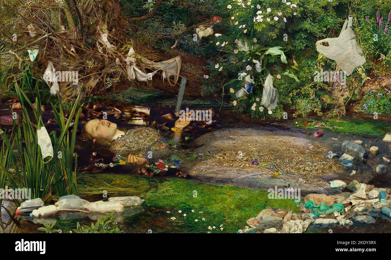 EDITORIAL USE ONLY Undated handout photo issued by Samsung UK of A re-imagined version of Sir John Everett Millais' 'Ophelia' (1851-2) by digital artist Quentin Devine, intended to illustrate the pollution of Britain's rivers, streams and waterways, as part of a series of updated artworks released to launch Samsung's Solve for Tomorrow Competition for 2023. Issue date: Wednesday November 9, 2022. The initiative aims to champion young people and their ideas to solve society's issues using technology. Photo credit should read: Quentin Devine/PA Wire. NOTE TO EDITORS: This handout photo may only  Stock Photo