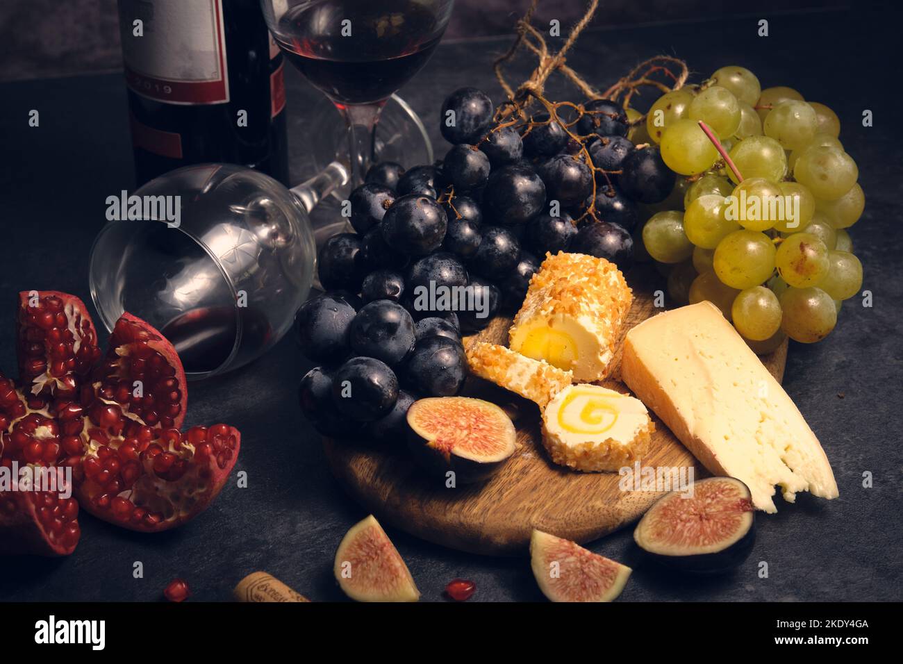 still life wine different cheeses and fruits Stock Photo - Alamy