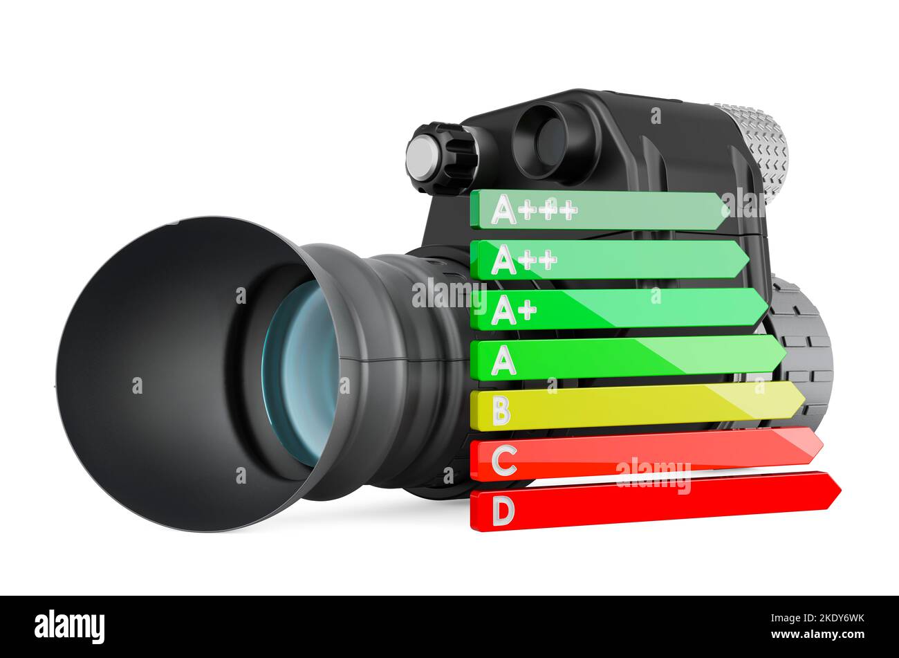 Night vision monocular with energy efficiency chart, 3D rendering