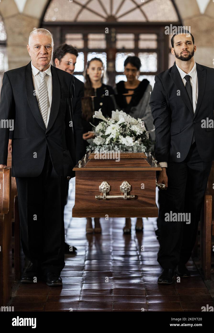 Funeral, church and family carry coffin for death, grief or sermon for burial with support