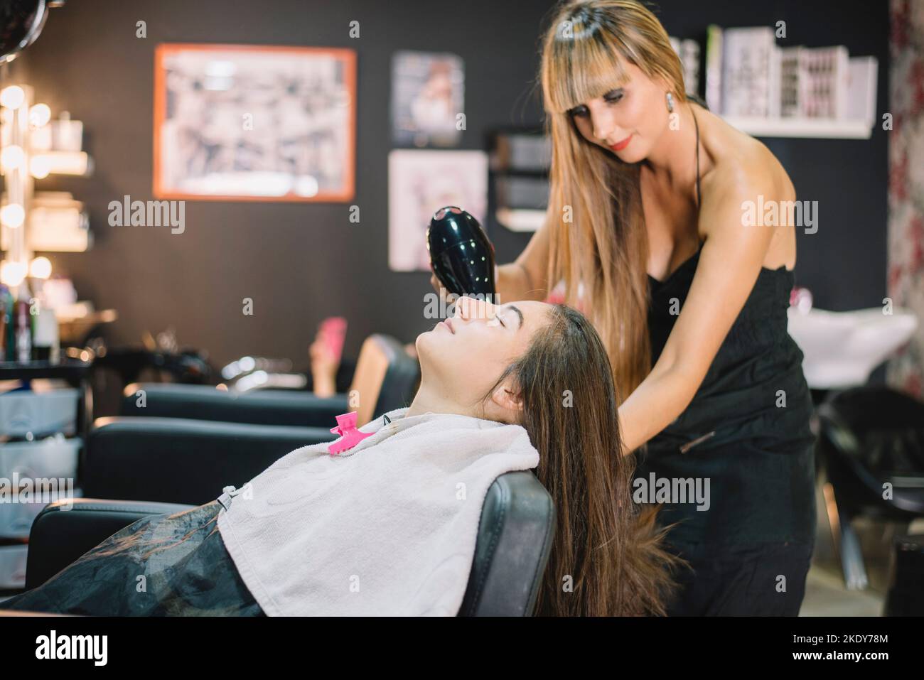 Stylist drying client's hair in beauty salon Stock Photo - Alamy
