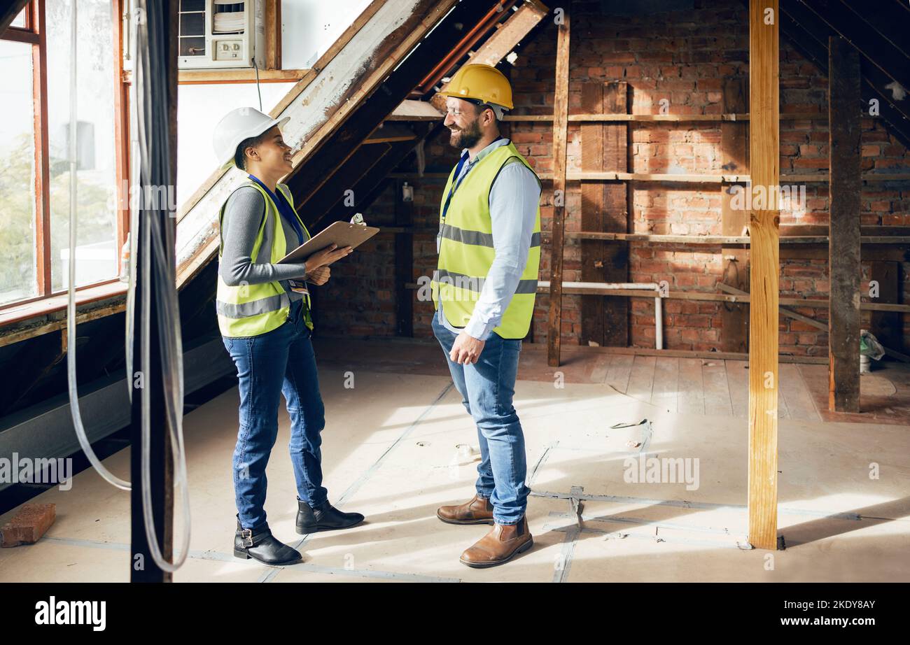 Architect, construction and teamwork for home renovation and home improvement building project. Engineer, industrial designer colleagues and Stock Photo