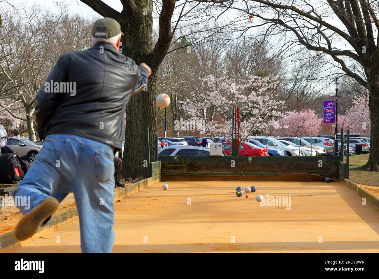 A person throws a bocce ball at an outdoor bocce court outside the Cherry Blossom Welcome Center in Branch Brook Park, Belleville, New Jersey. Stock Photo