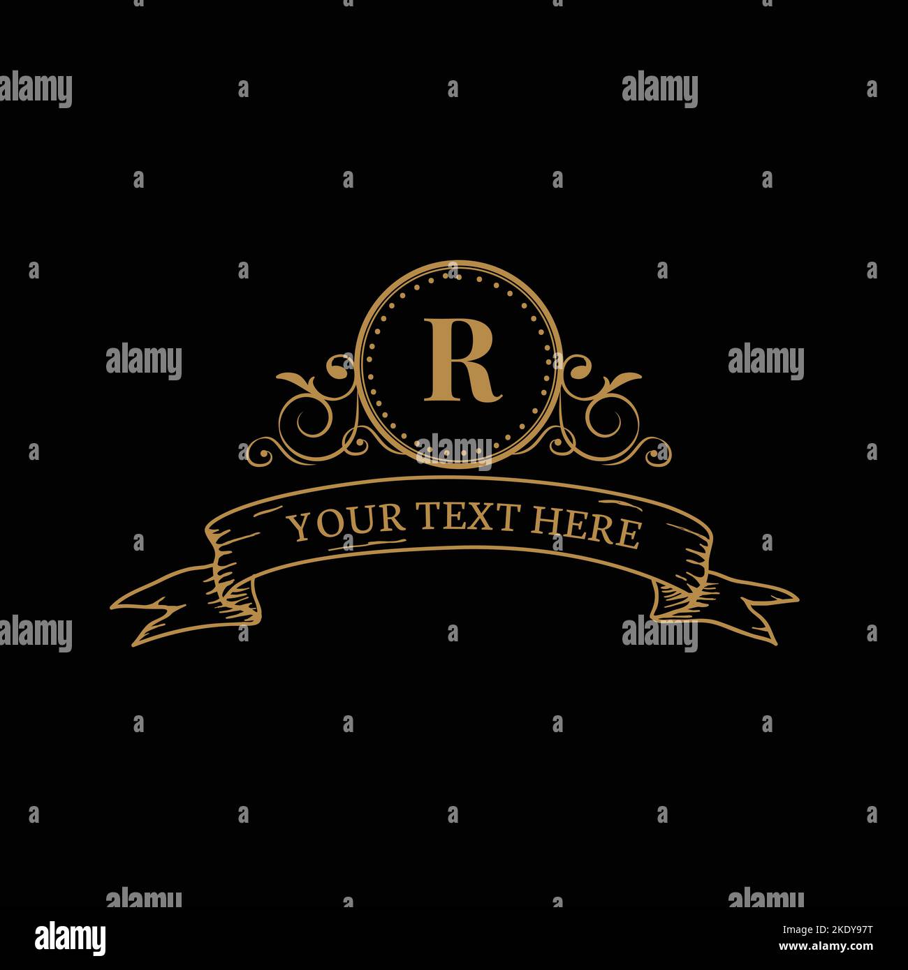 A golden letter "R" with design on a black background illustration ...
