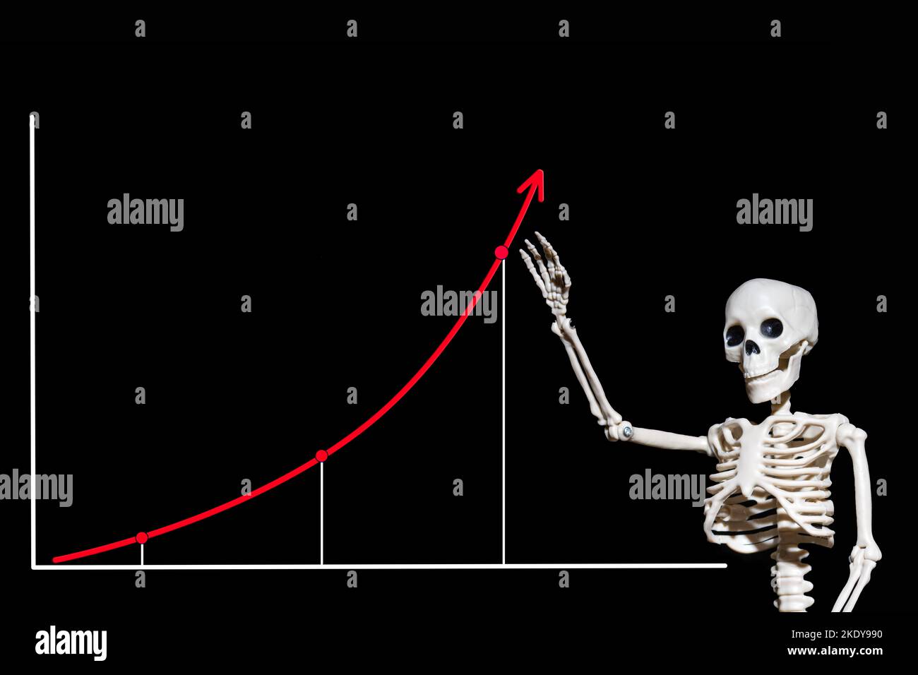 Human Skeleton showing a graph with a hand isolated on a black background. Professional burnout emotional stress concept. Mental and physical exhausti Stock Photo