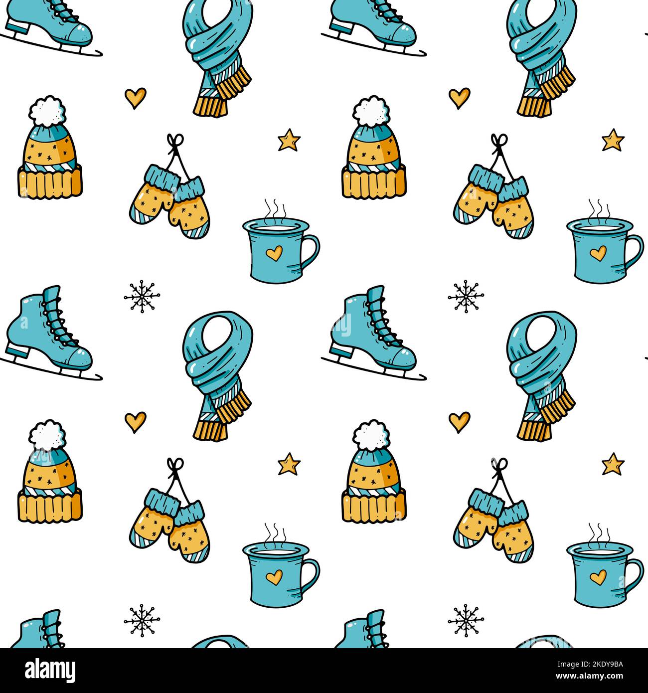 Seamless pattern for fabric, wrapping. Skates and warm winter clothes Stock Vector