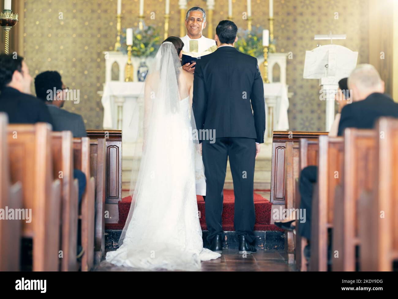 Wedding Priest And Couple At The Altar For Marriage Vows In Commitment