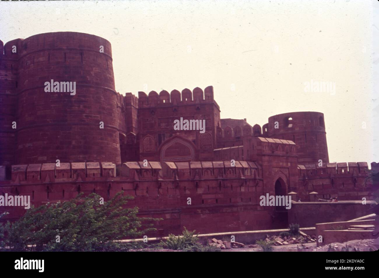 Agra fort is a historical fort in the city of Agra in India also known as red fort. It was built during 1565-1573 for Mughal Emperor Akbar. It was the main residence of the rulers of Sikarwar clan of Rajputs until mughals occupied it and Mughal Dynasty until 1638, when the capital was shifted from Agra to Delhi. Stock Photo