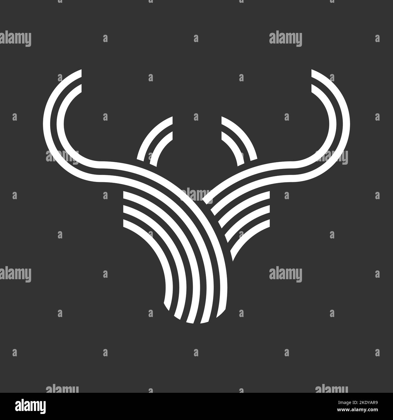 Linear bull or deer logo. Animal with horns in striped lines. Buck sign. White linear design element on black background. Vector illustration Stock Vector