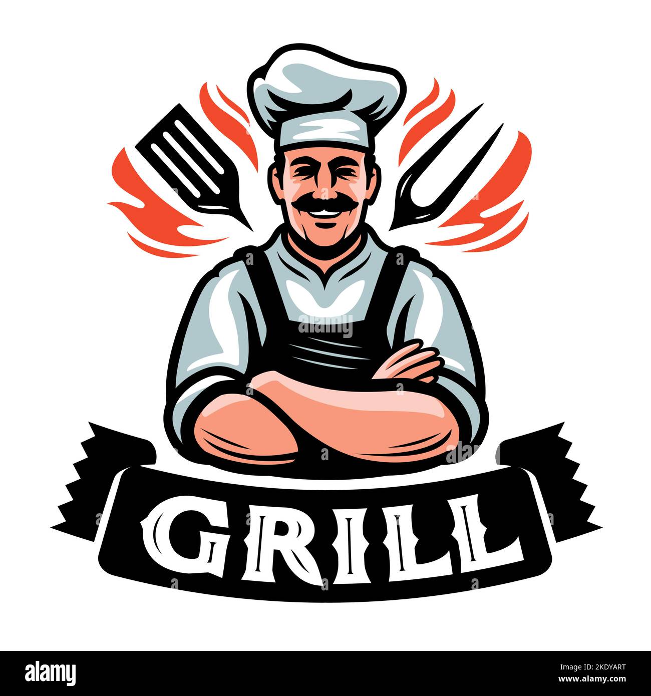 Happy Chef in workwear with fork and spatula for cooking and serving barbecue. Grill cook wearing grilling apron emblem Stock Vector