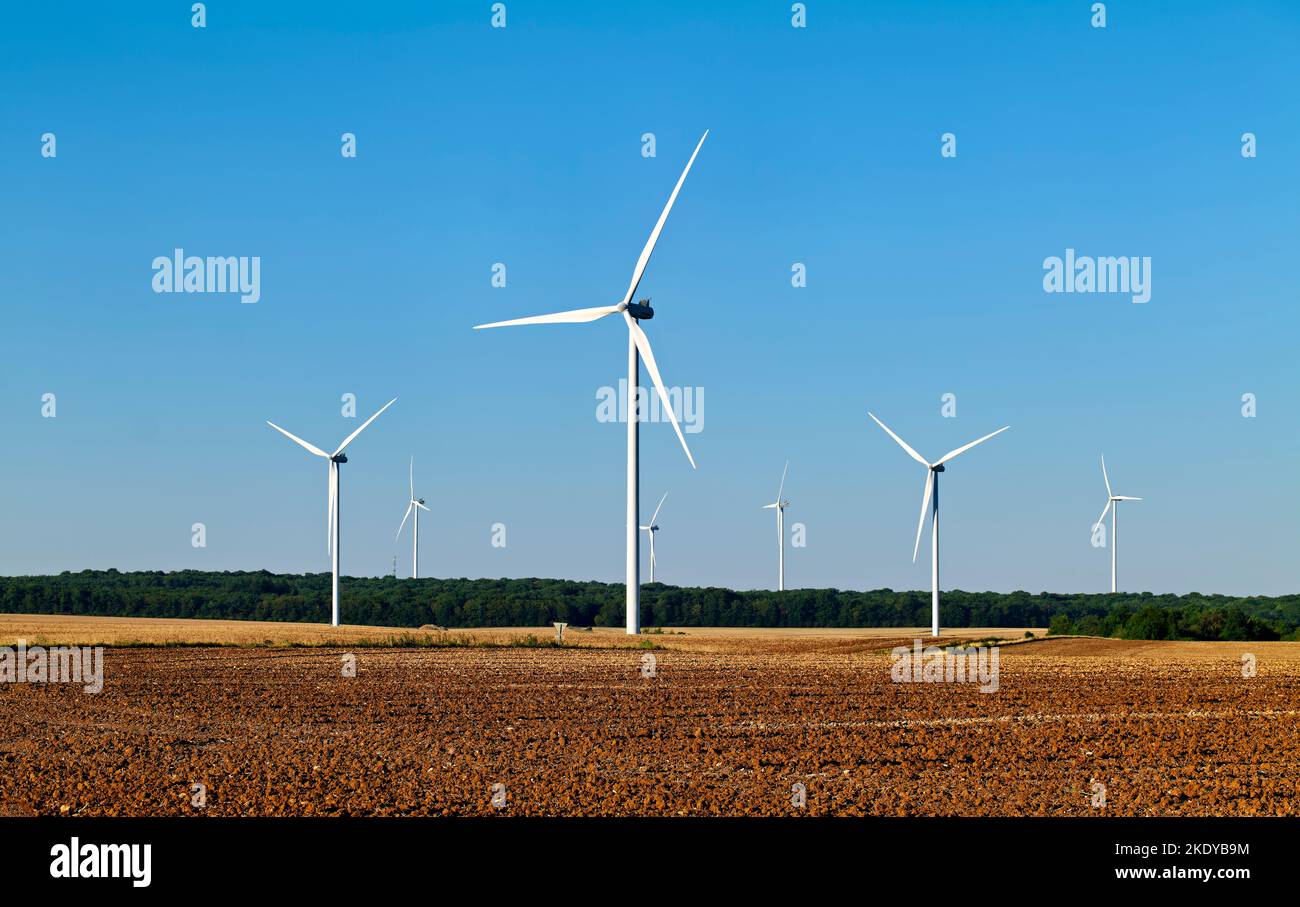 Bourgogne France. Wind power plant and wind turbines Stock Photo
