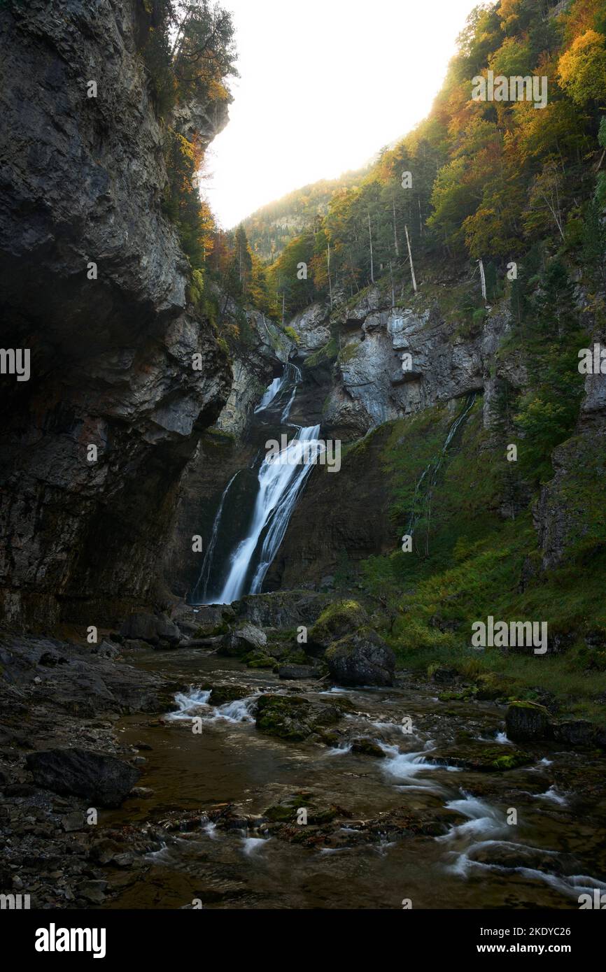 Estrecho waterfall waterfall in Ordesa National Park in autumn Stock Photo