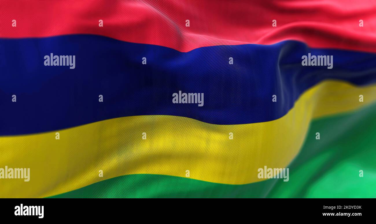 Closeup view of the Mauritius national flag waving in the wind. The