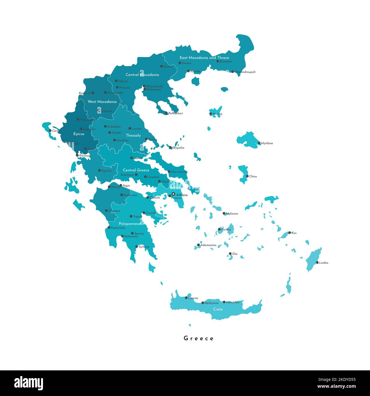 Vector isolated illustration. Simplified administrative map of Greece (Hellenic Republic). Blue shapes on white background. Names of greek cities and Stock Vector