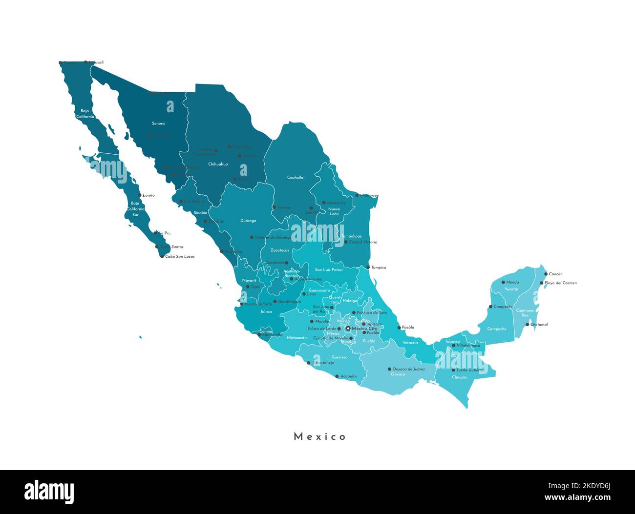 Vector isolated illustration. Simplified administrative map of Mexico (United Mexican States). Blue shapes of regions. Names of mexican cities and sta Stock Vector