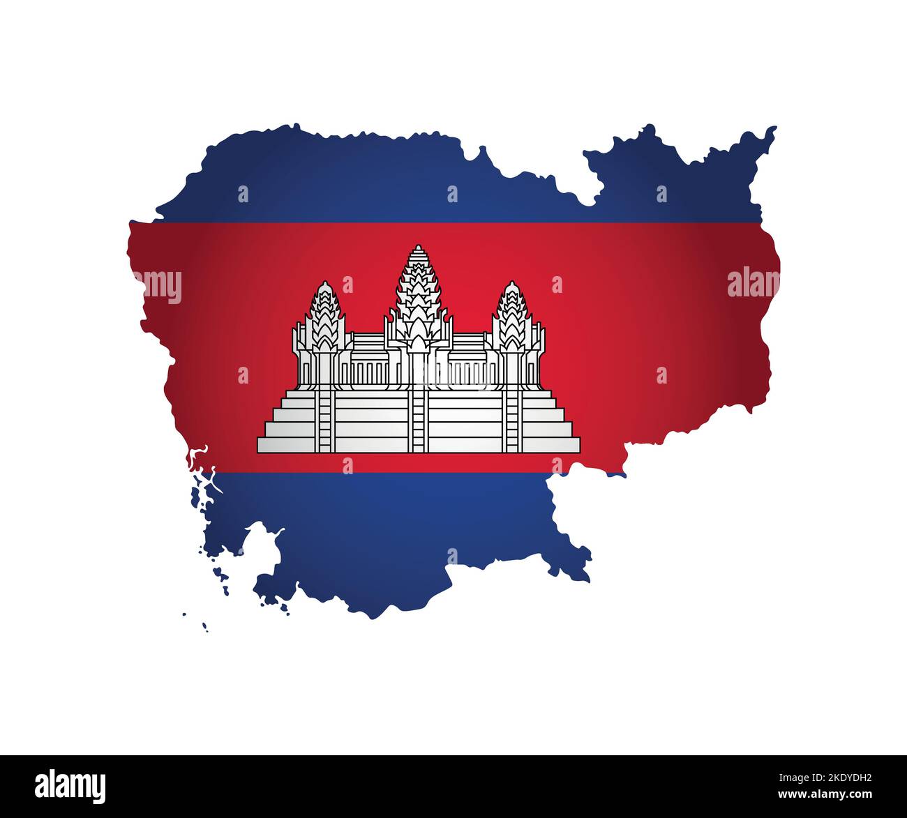 Vector isolated illustration. Official ensign on map of Cambodia. National flag in red, blue colors with white temple complex Angkor Wat Stock Vector