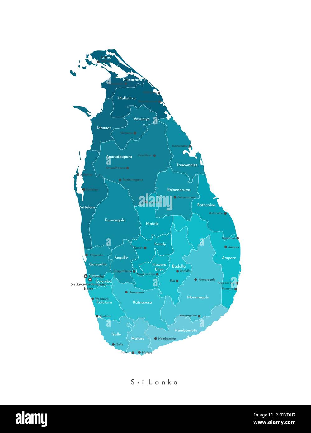 Vector isolated illustration. Simplified admimistrative map of Sri Lanka. Blue shapes of Iregions. Names of the cities and provinces. White background Stock Vector
