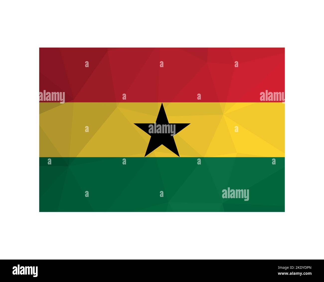 Vector illustration. Official ensign of Ghana. National flag with red, yellow, green stripes and black star. Creative design in low poly style with tr Stock Vector