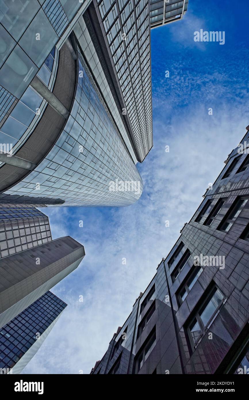 A low angle shot of the Main Tower with blue glass exterior stretching ...
