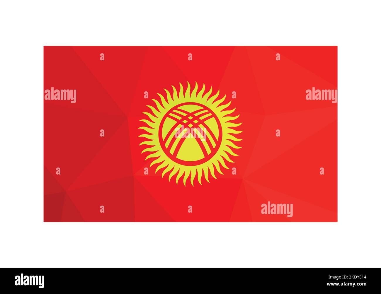 Vector illustration. Official ensign of Kyrgyzstan. National flag in red and yellow colors. Creative design in low poly style with triangular shapes. Stock Vector