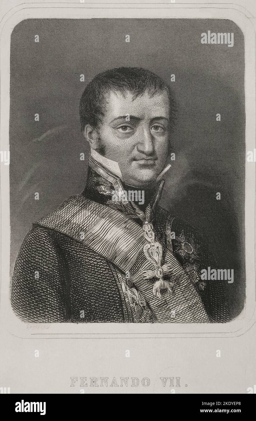 Ferdinand VII (17841833). King of Spain (18081833). Portrait. Engraving by Geoffroy. "Historia