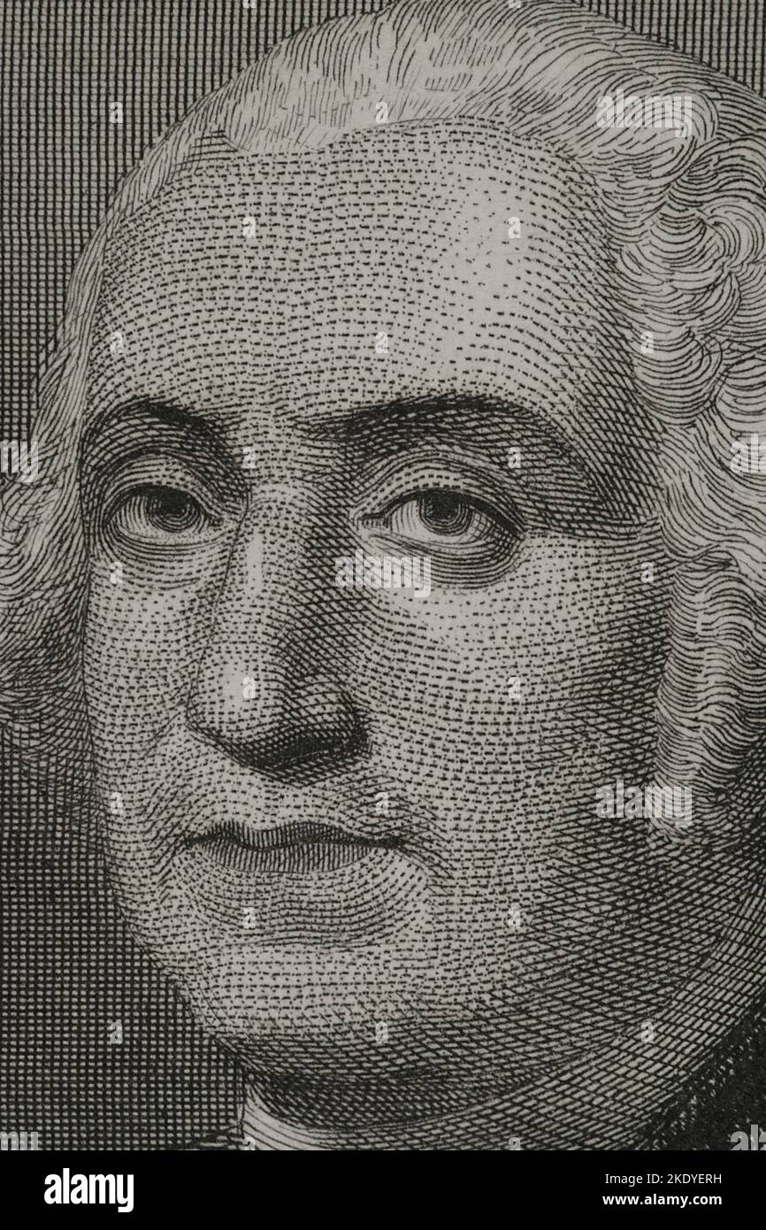 George Washington (1732-1799). 1st President of the United States (1789-1797). Portrait. Engraving. Detail. 'Historia Universal' by César Cantú. Volume VI. 1857. Stock Photo
